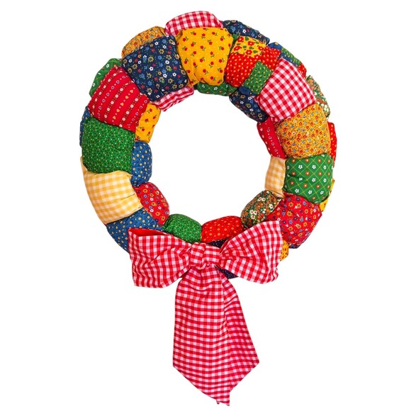 Vintage Handmade Patchwork Quilt Style 20" Puffy Wreath Calico Prints Fabrics - Picture 1 of 5